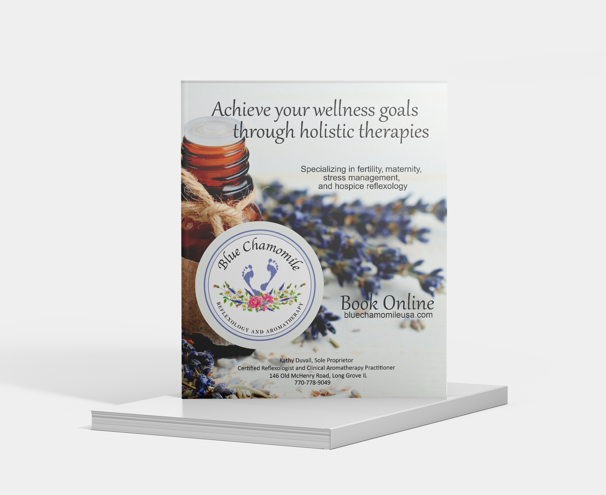 This advertisement was created in Adobe Illustrator for client Blue Chamomile. This ad was used on postcards, various mailings, and printed in their local health and wellness magazine.